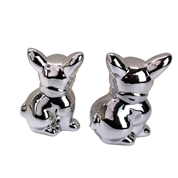 French Bulldog Figurine Set Of 2 Frenchie Dog Puppy Ceramic Silver Mirror Chrome - Picture 4 of 11